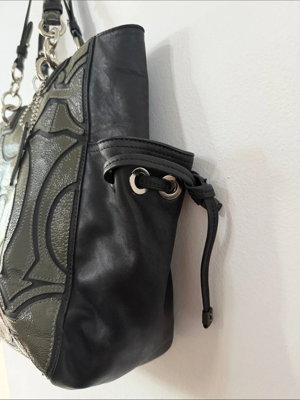 Coach Olive and Black Signature Tote with Chain Accent
